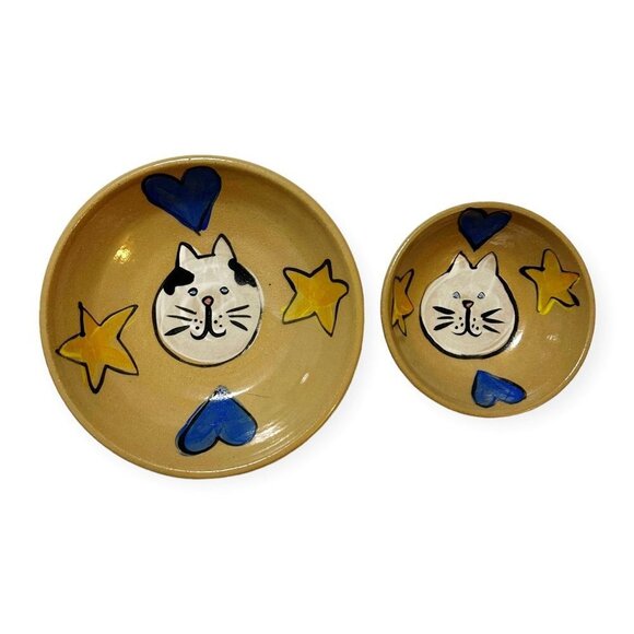 Pottery Bowl with Cat Drawing, A set of 2 bowls (Medium and small) - Picture 1 of 9